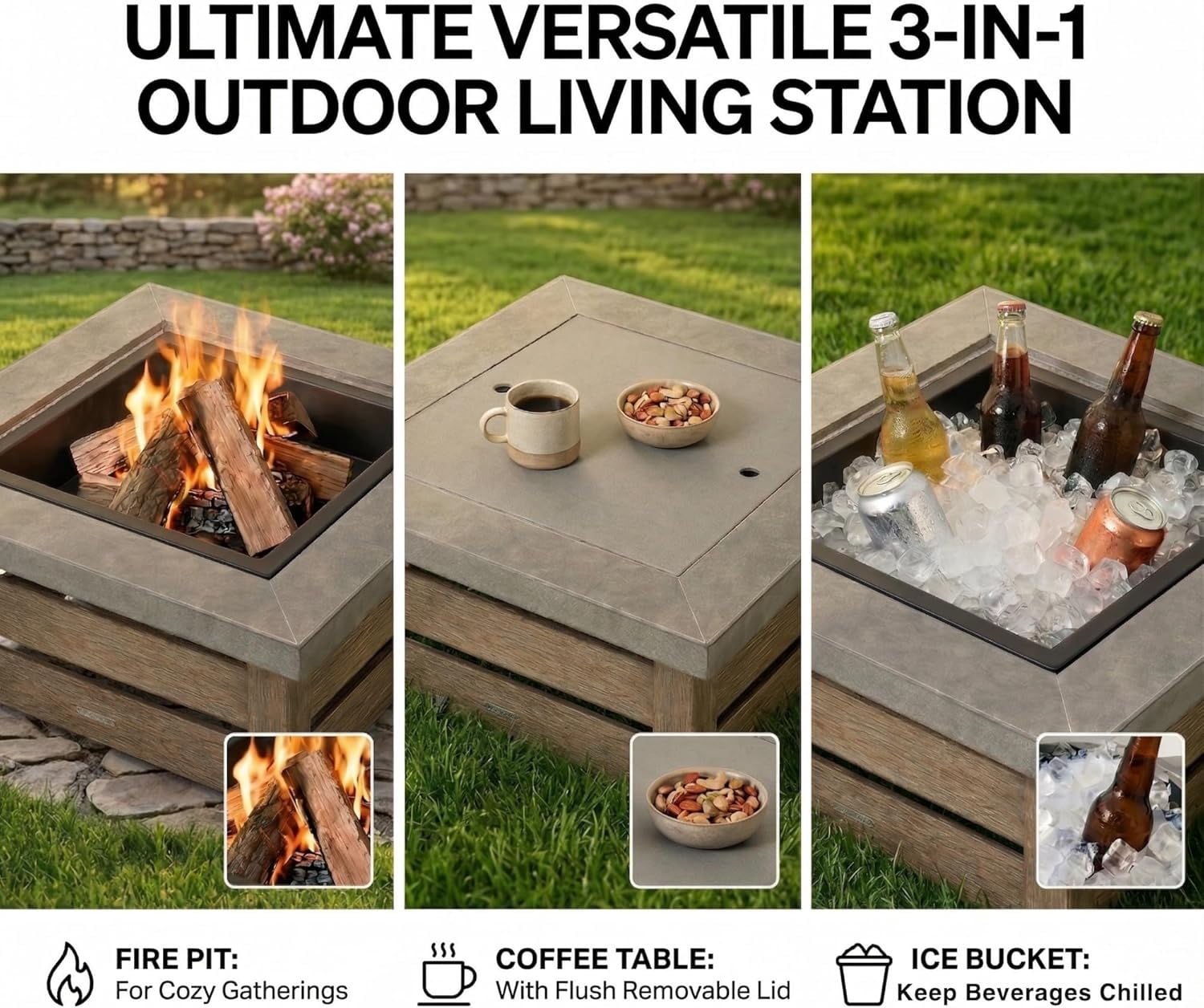 34" Wood Burning Fire Pit, Outdoor Fire Pit Table for  Backyard Garden, Large Square Fire Pit for Outside, Metal Firepit with Removable Lid, Mesh Cover, Poker