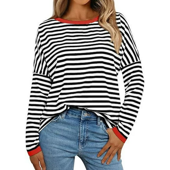 Fiaer Stripes Women Long Sleeve T Shirts Plus Size Crew Neck Tshirts Fall Raglan Sleeves Loose Fit Casual Tops for Daily Red XL