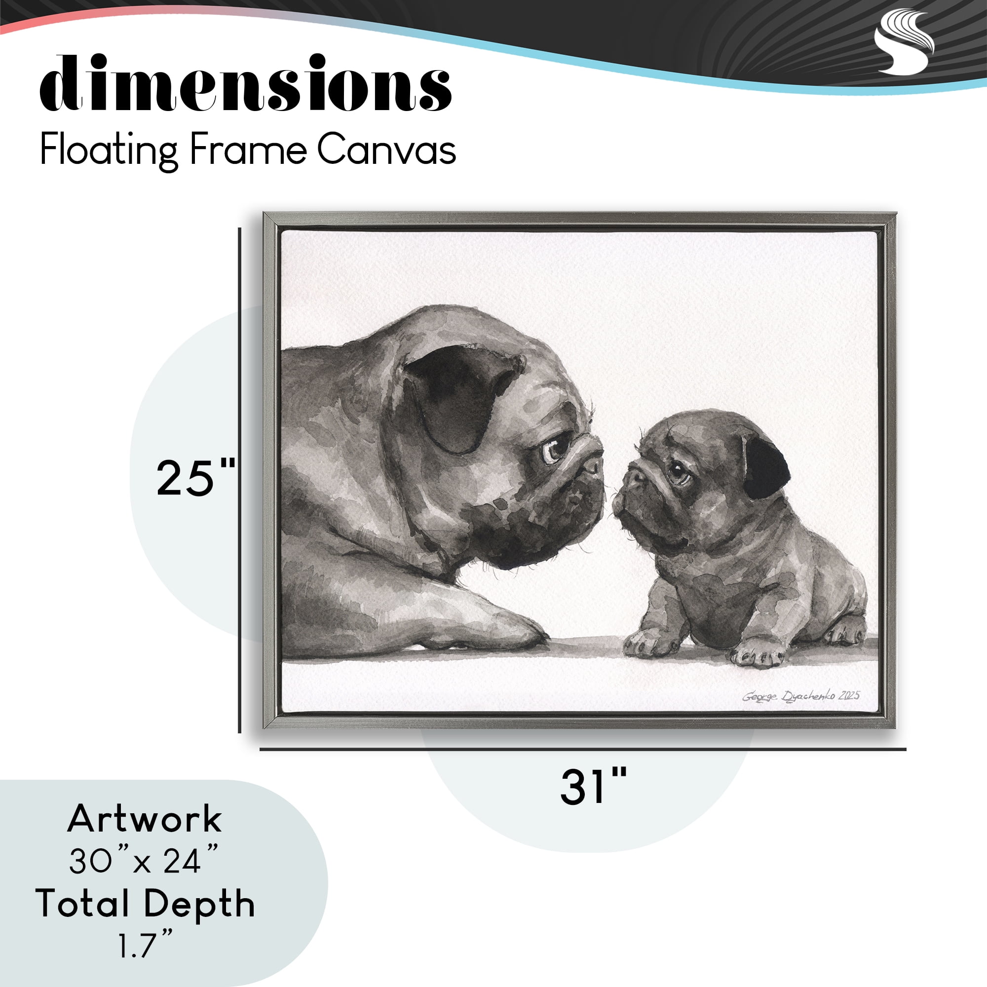 Stupell Industries Pug And Her Puppy Gray Framed Floater Canvas Wall Art, design by George Dyachenko