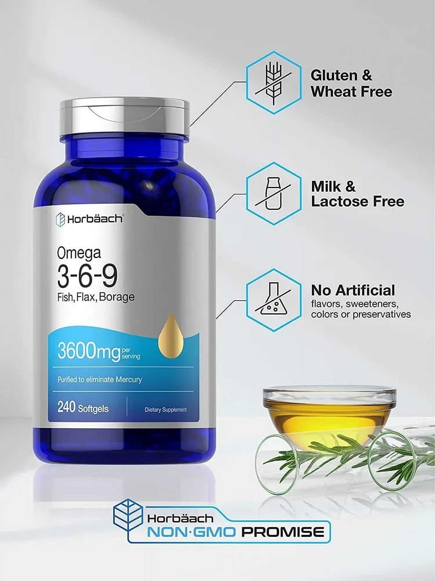 Triple Omega 3-6-9 240 Softgels | From Fish, Flaxseed, Borage Oils | Non-GMO & Gluten Free | By Horbaach