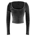 thumbnail image 7 of Baberdicy Black Y2K Cropped Slim Fit U Neck Long Sleeve Knit T Shirt – Two Tone Striped Design Trendy And Stylish Perfect for Casual Wear, M, 7 of 7