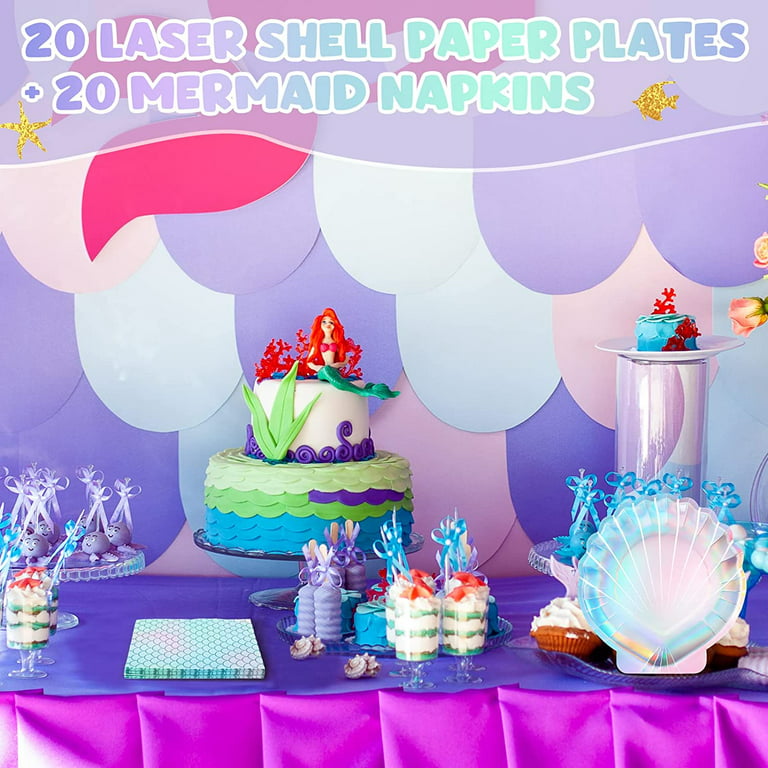 40 Pcs Mermaid Party Supplies Set, 20 Clam Shell Plates and 20 Mermaid  Scales Napkins Mermaid Party Decorations Disposable Mermaid Paper Plates  and
