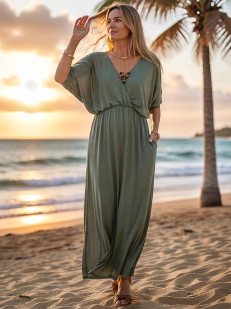 Jaimenalin Women'S V Neck Batwing Sleeve Maxi Dress, Elegant Elastic Waist Split Hem Long Dress with Pockets Black XL