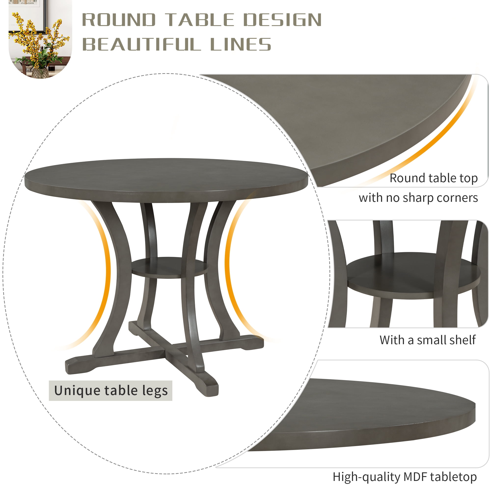 Harper & Bright Designs 5 Pieces Wooden Round Dining Table and Chair Set with Special-shaped Legs and an Exquisitely Designed Hollow Chair Back for Dining Room
