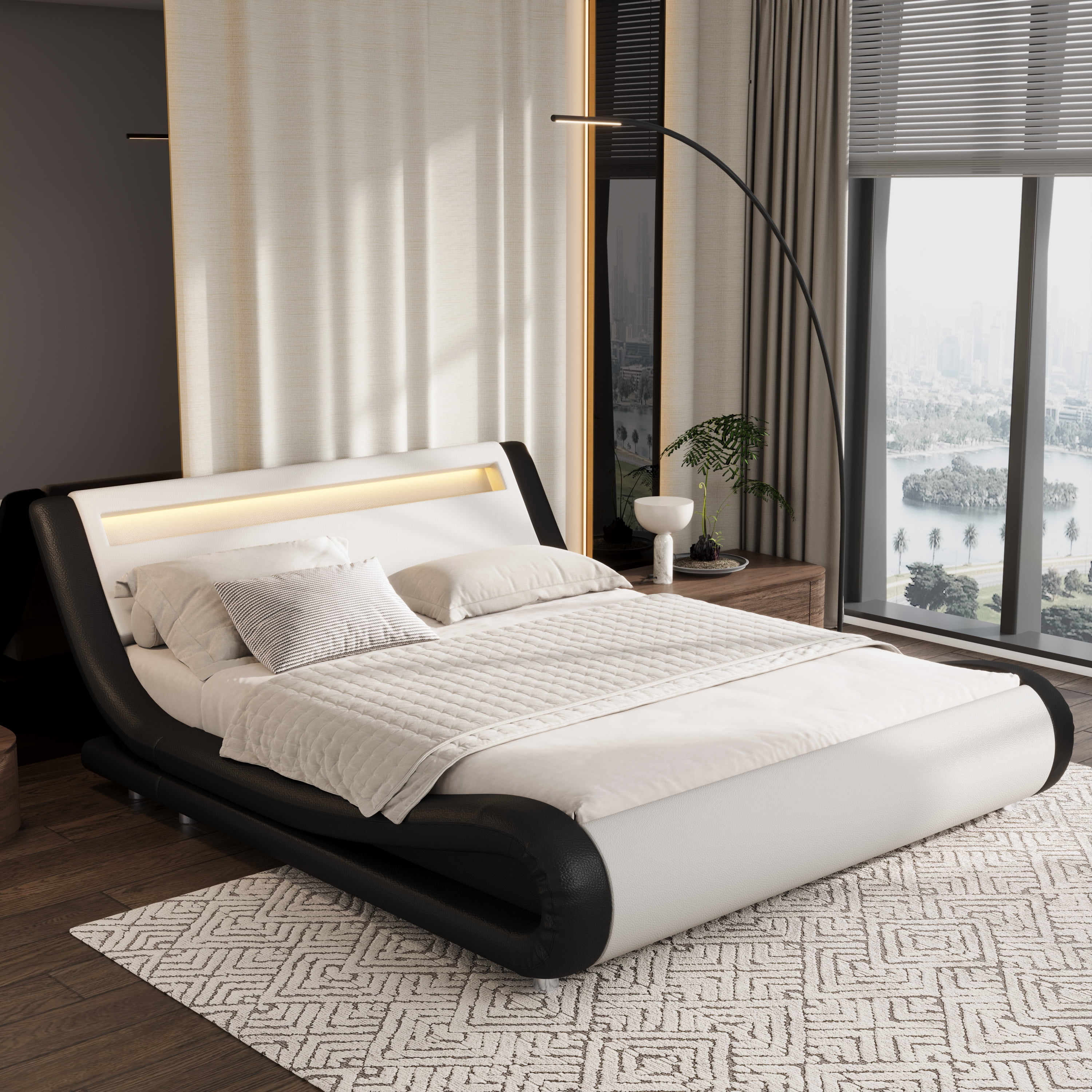 Sifurni Queen size Wave-Like Curve Deluxe Upholstered Modern Bed Frame with LED Headboard, Black+White
