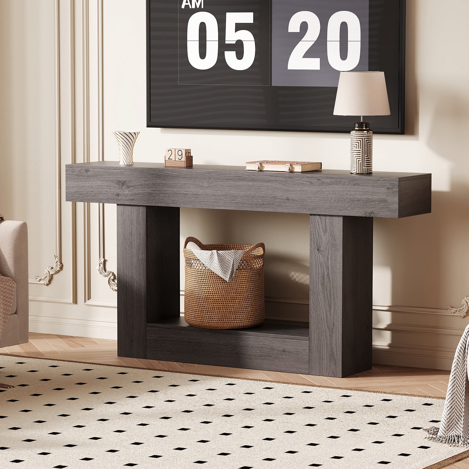 63 Inch Long Console Table with Charging Station, 2-Tier Narrow Entryway Table with USB c Ports & AC Outlets, Farmhouse Sofa Table Behind Couch for Living Room, Hallway, Gray