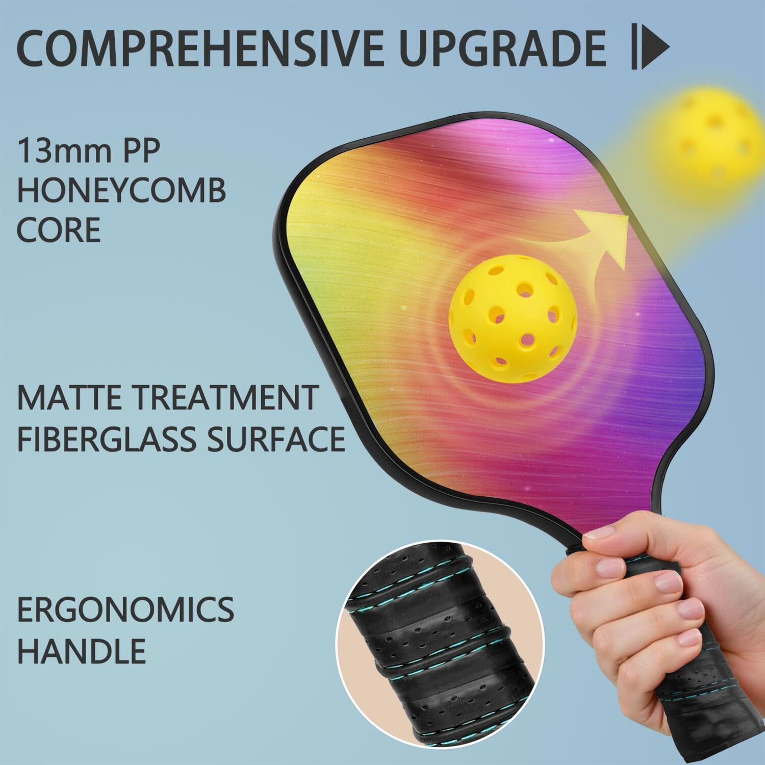 Pickleball Paddles Set Of 1, Fiberglass Surface, Vibrant Rainbow Print, 1 Paddle, 2 Balls & Bag