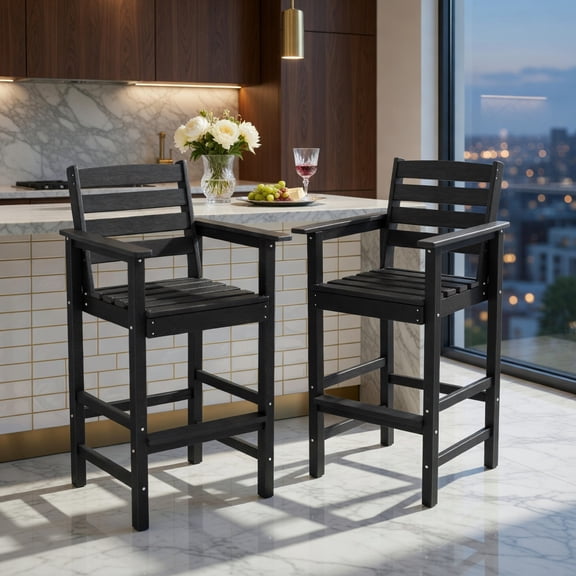 Resenkos Kitchen Counter Bar Chairs Set, Bar Stools Set,Patio HDPE Adirondack Bar Chairs Set of 2 with Wide Armrests-Black