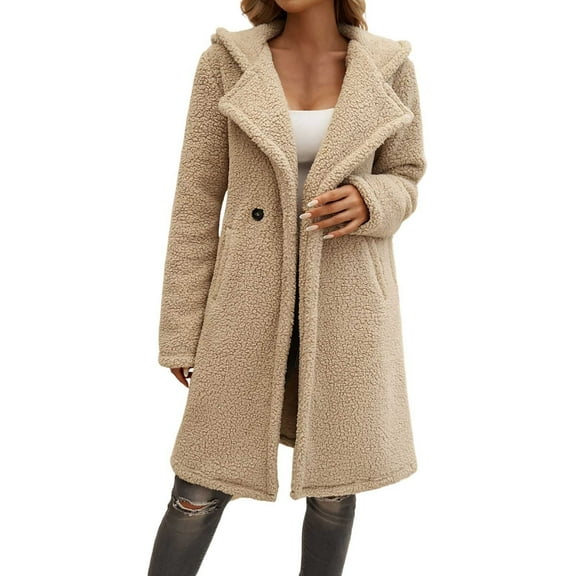 Women's Plus Size Fuzzy Long Hooded Jacket Lapel Open Front Cardigan Button Down Teddy Coat Winter Outwear With Pockets