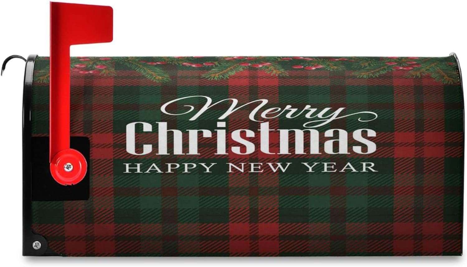 Christmas Holly Berry Mailbox Cover Buffalo Check Plaid Mailbox Covers Magnetic Large Oversized 21"X25.5" Mailbox Wraps Post Letter Box Cover Garden Decorations