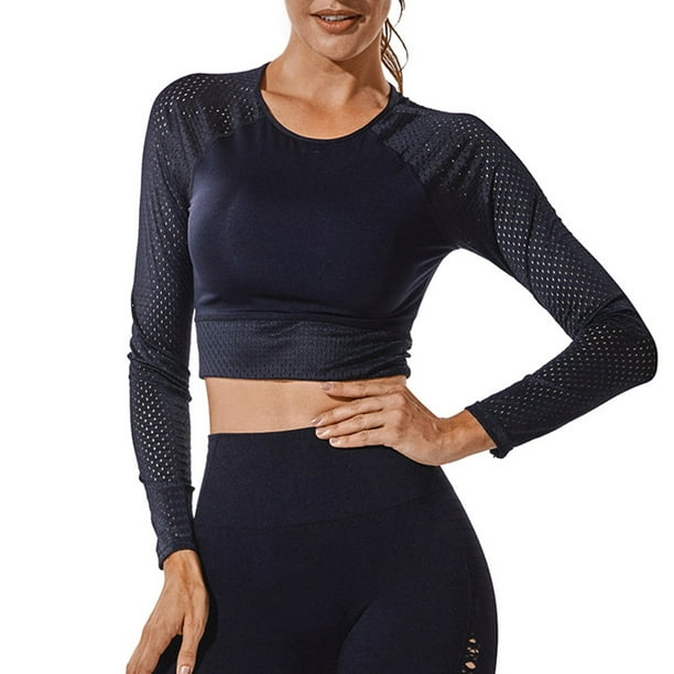 Fittoo FITTOO Women Athletic Mesh Long Sleeve Crop Top Fittoo FITTOO Women Athletic Mesh Long Sleeve Crop Top
