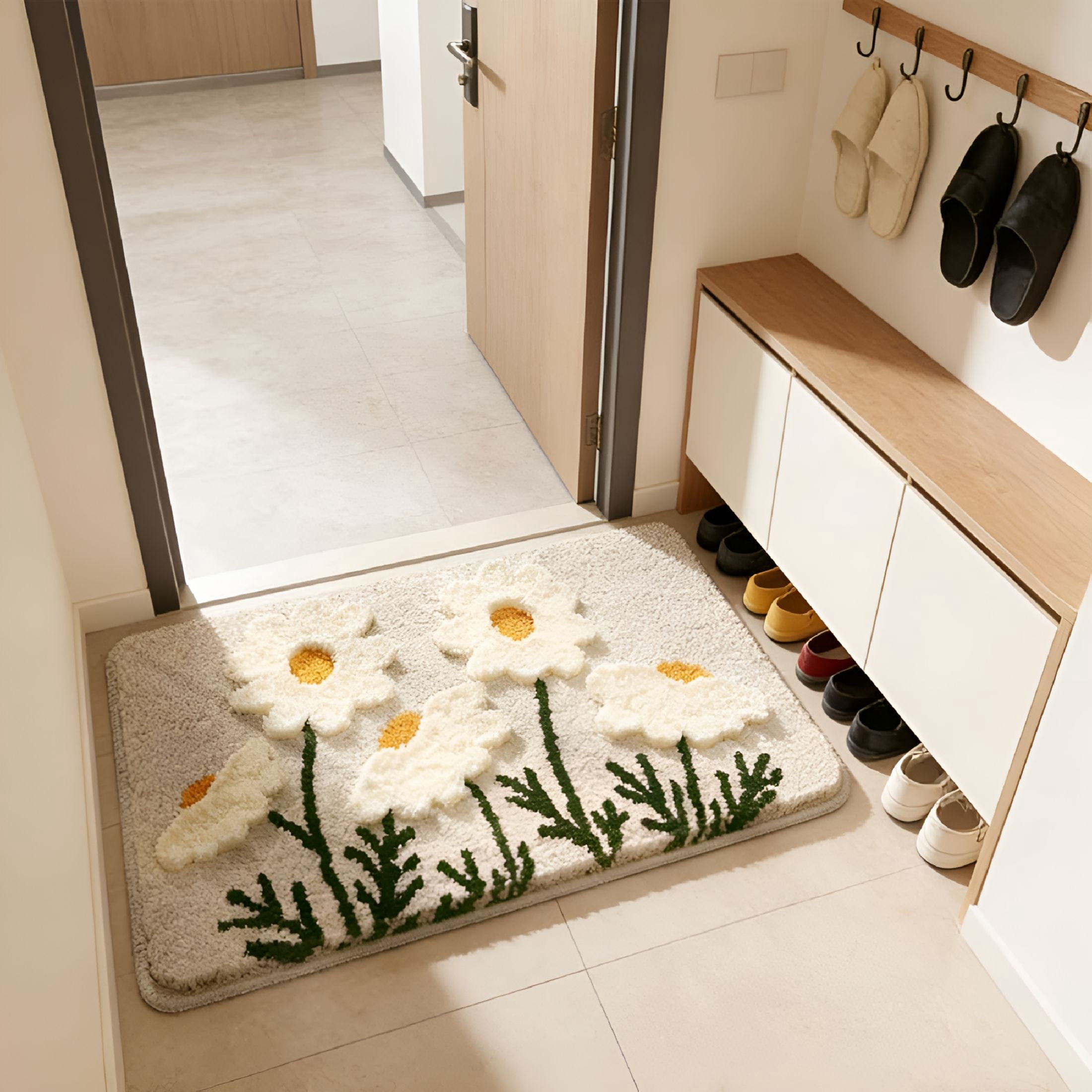 RLESO Fluffy Absorbent Flower Bathroom Rug Washable,32"X 20"Bath Mat for Bathroom Non Slip,Soft Tufted Rug Flower Bath Mat Home Decor,White Flowers