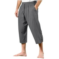hotojiny Men's Cotton Linen Capri Pants Summer Beach 3/4 Pants Baggy Drawstring Yoga Cropped Trousers with Pockets