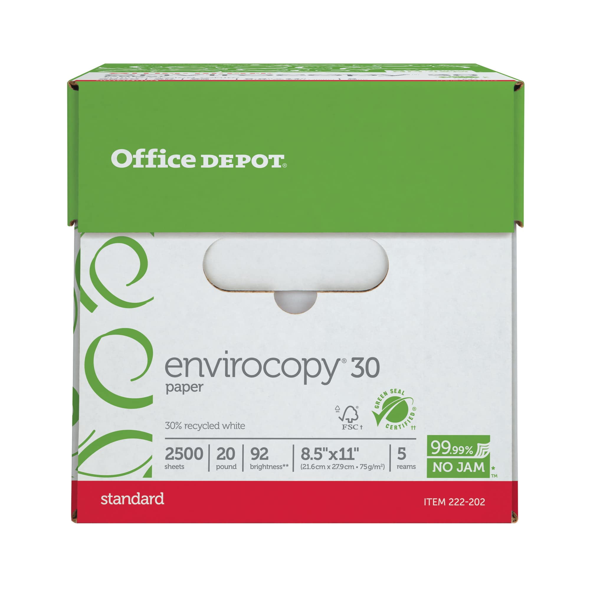Office Depot EnviroCopy 30 Paper, 8 1/2in x 11in, 20 Lb, 30% Recycled, FSC Certified, 500 Sheets Per Ream, 5 Reams, 40430