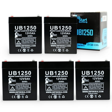 5x Pack - Compatible Belkin F6C525-SER Battery - Replacement UB1250 Universal Sealed Lead Acid Battery (12V, 5Ah, 5000mAh, F1 Terminal, AGM, SLA) - Includes 10 F1 to F2 Terminal Adapters