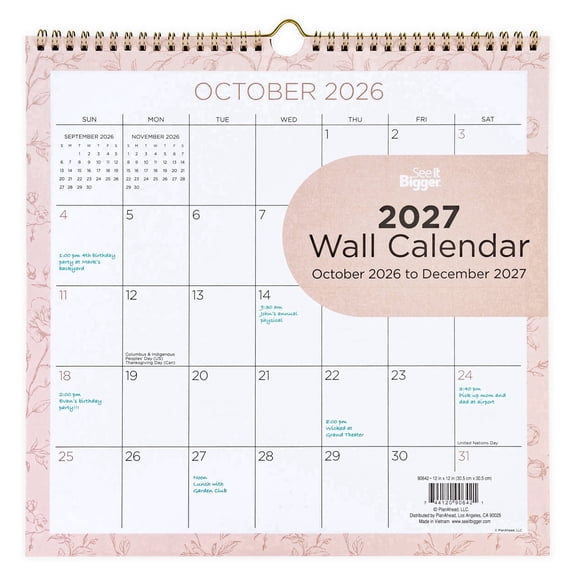 2027 See It Bigger Floral 15-Month Wall Calendar, 12" x 12", Oct 2026–Dec 2027