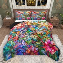 Feelyou Boho Dragonfly Kid Queen Comforter Set, Garden Flower Floral Bedding Set, 3pcs