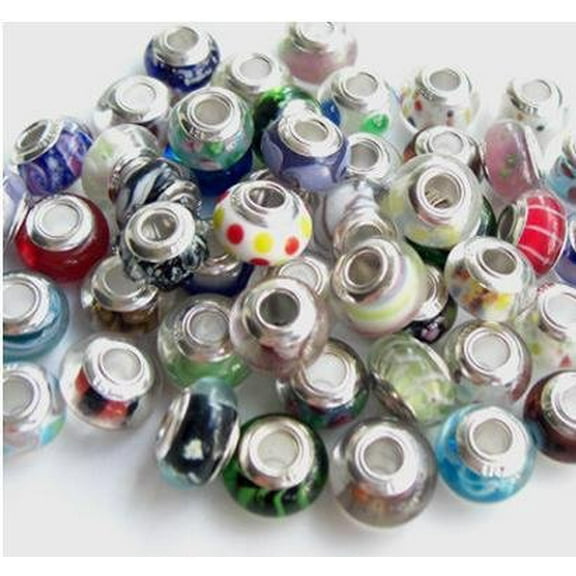Ten Murano Style Glass Lampwork Silver Mixed Color Beads Fits Most Major Charm Bracelets, 14mm