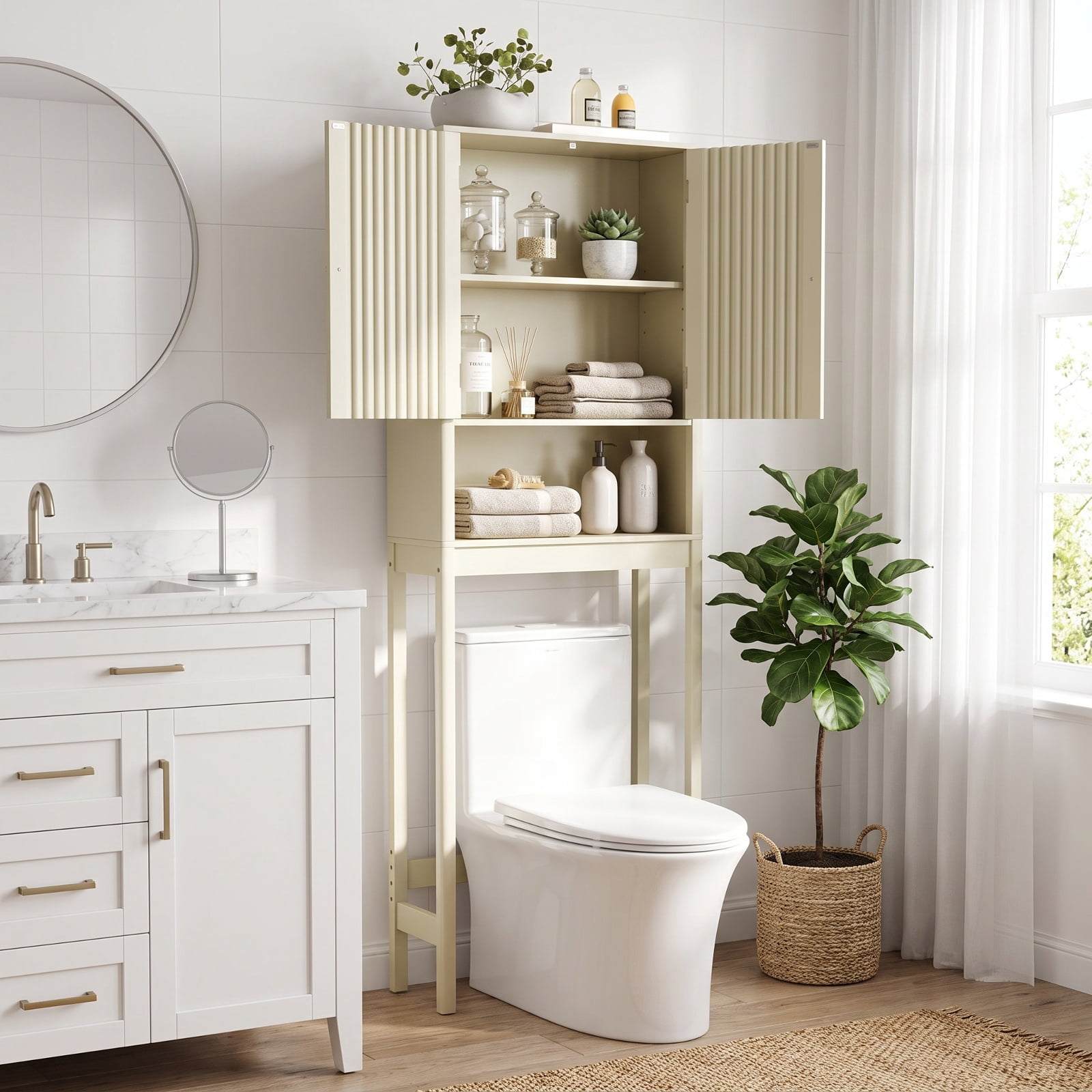 Vebreda Over-the-Toilet Storage, Over The Toilet Storage Cabinet with Fluted Doors, Maximize Your Space, Elegance Meets Convenience
