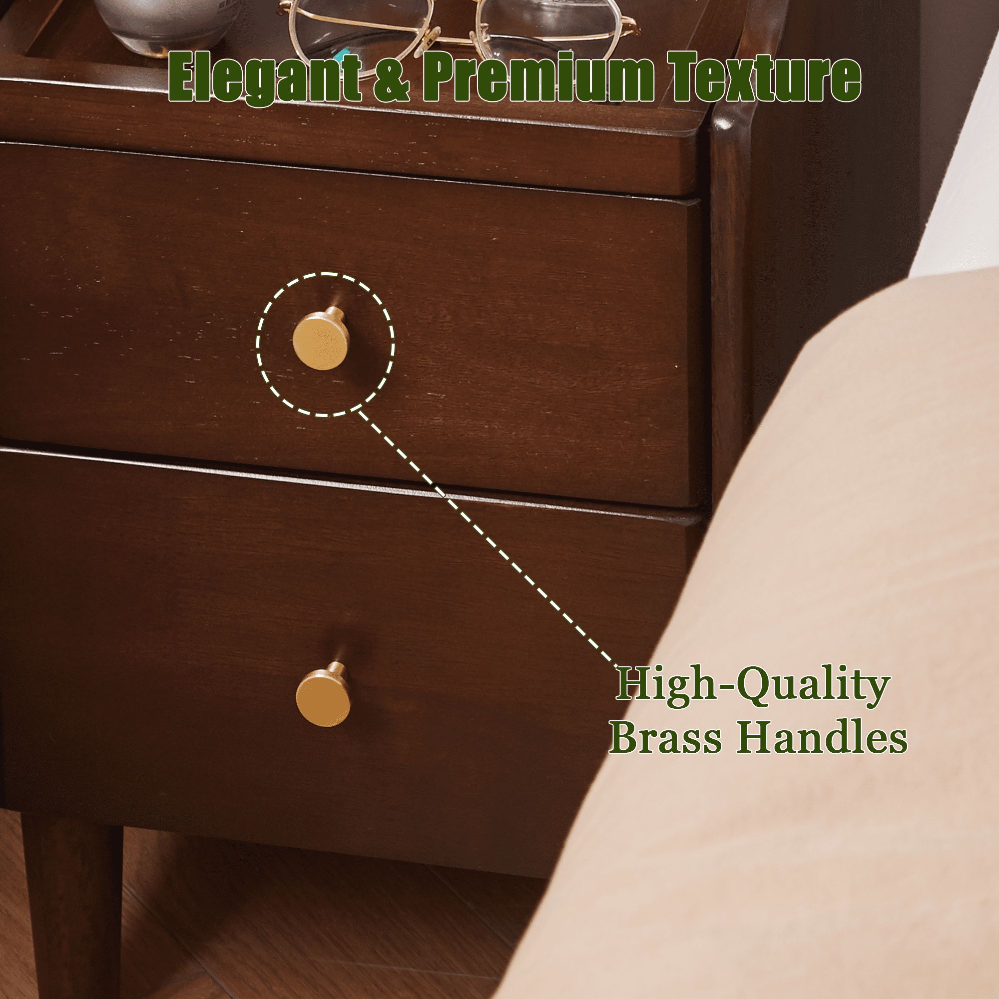Leumius Wood Nightstand with Two Drawers and Pull-Out Panel Storage,Bedside Table Sofa Side Table for Bedroom,Living Room,Walnut