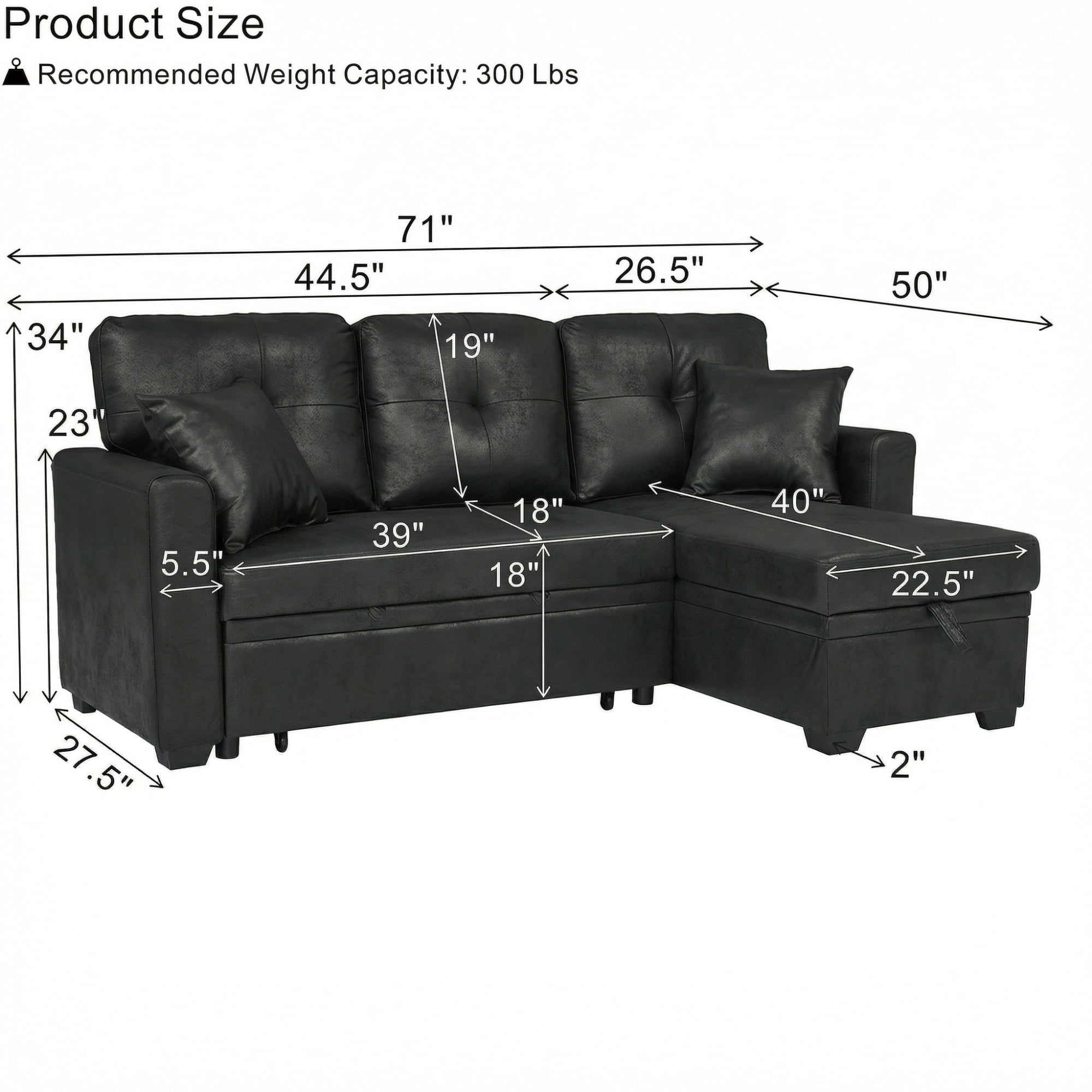 Pull-Out Convertible PU Leather Sectional Sofa Set with Reversible Chaise Lounge, Sleeper Loveseat Couch with Hidden Storage