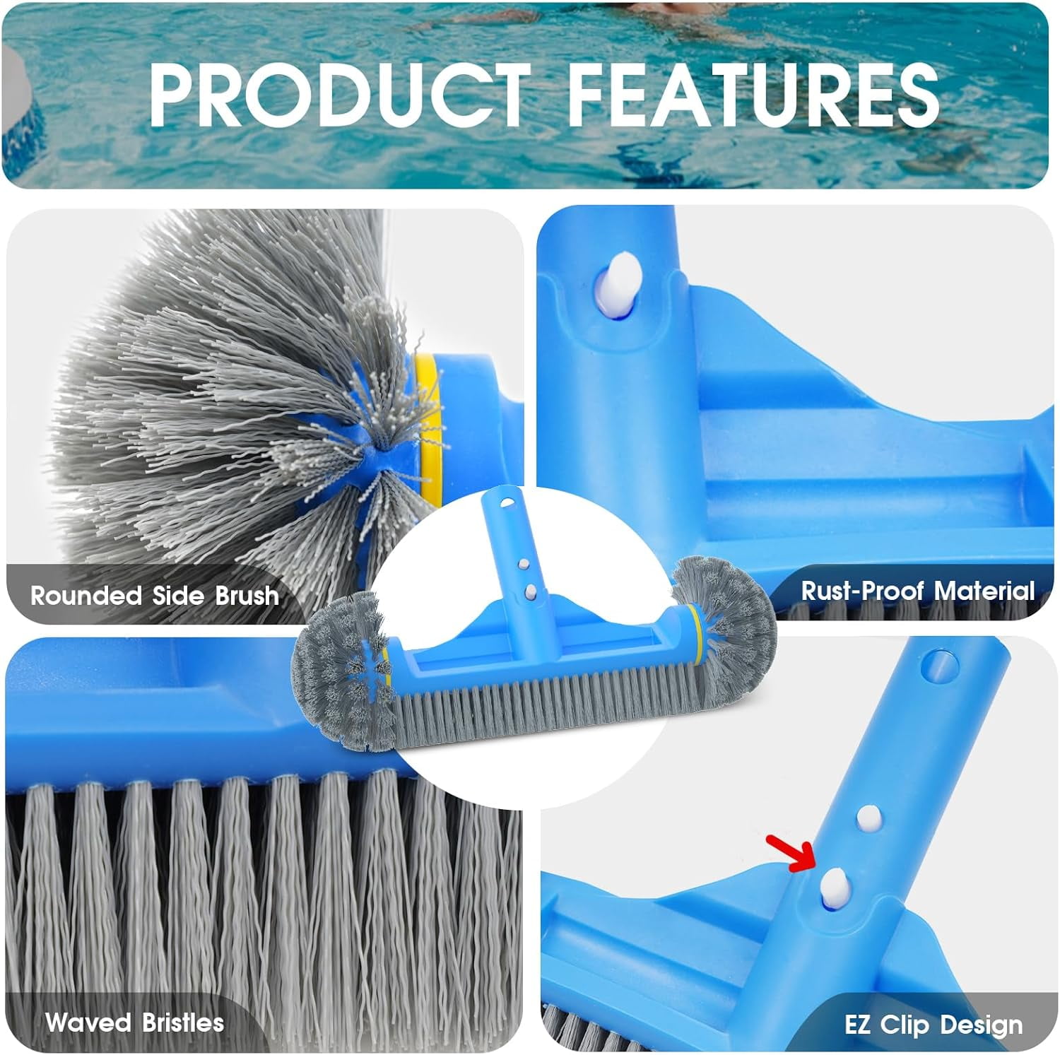 3PCS Pool Cleaning Kit - 12.5'' Pool Brush with Round End & 11'' Pool Skimmer Net Fine Mesh & 5.7 Feet Thick Aluminum Pole 5-Segment, for Above Ground & Inground Pools Ponds