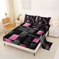 thumbnail image 2 of Manfei Abstract 3D Cube Bed Sheets, Geometric Checkered Fuul Size Sheets, Black and Pink, Black Reversible 4 Pieces1 Flat Sheet + 1 Fitted Sheet + 2 Pillowcases, 2 of 6