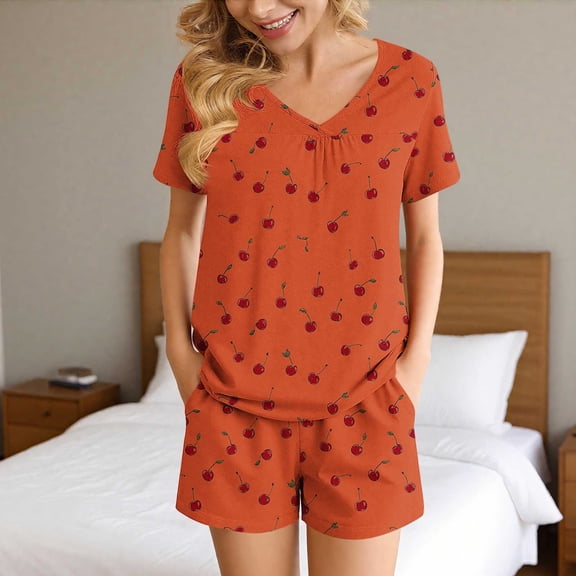 Goodtrade8 Woman Pajamas Sets with Pocket Petite Sleepwear Printed V-Neck Casual Short Sleeve Womens Pjs
