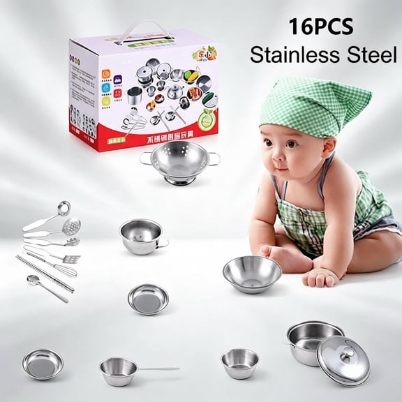 Stainless Steel Miniature Kids Pretend Kitchen Cookware Set,Toddler Realistic Cooking Pots Pans Utensils Kit,Educational Imaginative Role Play Toy,Birthday Gift for Boys Girls Ages 3 4 5 6 Years Old