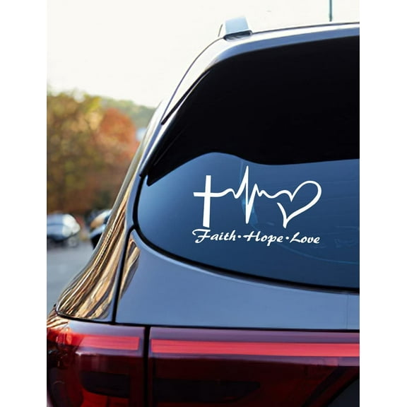 Hope Faith Love Heart Car Decal Stickers, Jesus Cross Vinyl Sticker for Car Windows, Tablets, Laptops, Water Bottles (White)