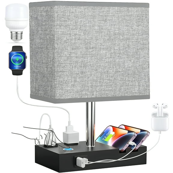 HIBIBUD Table Lamp for Bedroom with Fast Usb AU0026C Charging Ports,Bedside Lamps with 2 Phone Stands,2 and 3-Prong Ac Charging Outlets,Touch Lamp for Living Room,Dorm,Home Office