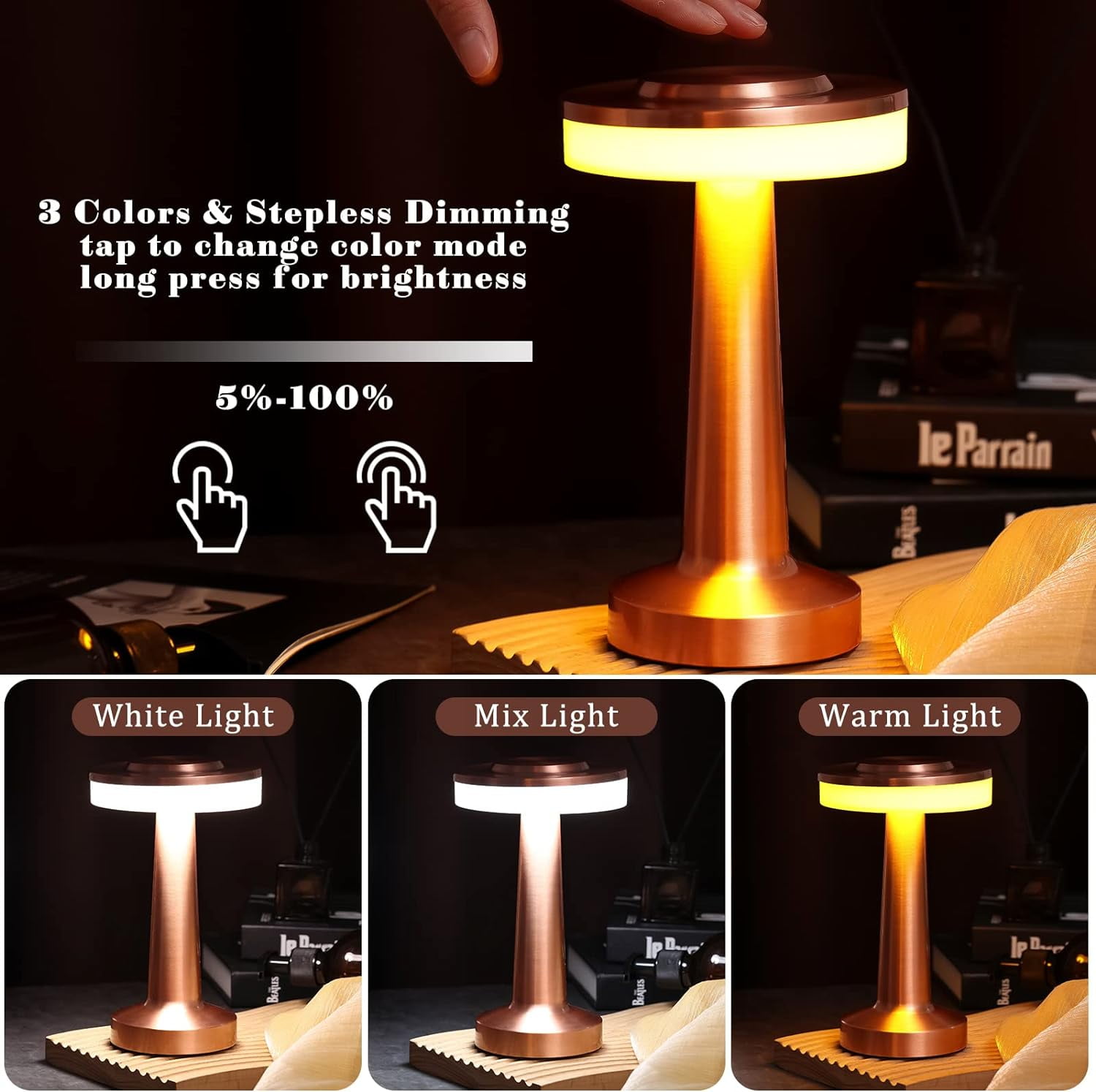 Touch Sensor LED Nightstand Lamp - 3 Mode Stepless Dimming Rechargeable Cordless
