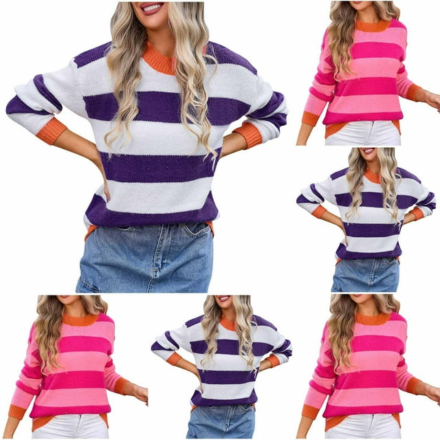 WRKEKC T-Shirts à Manches Longues pour Femmes, Hauts à Manches Longues pour Femmes, Chandail en Tricot Patchwork à Col Rond Rayé Grande Taille pour Femmes