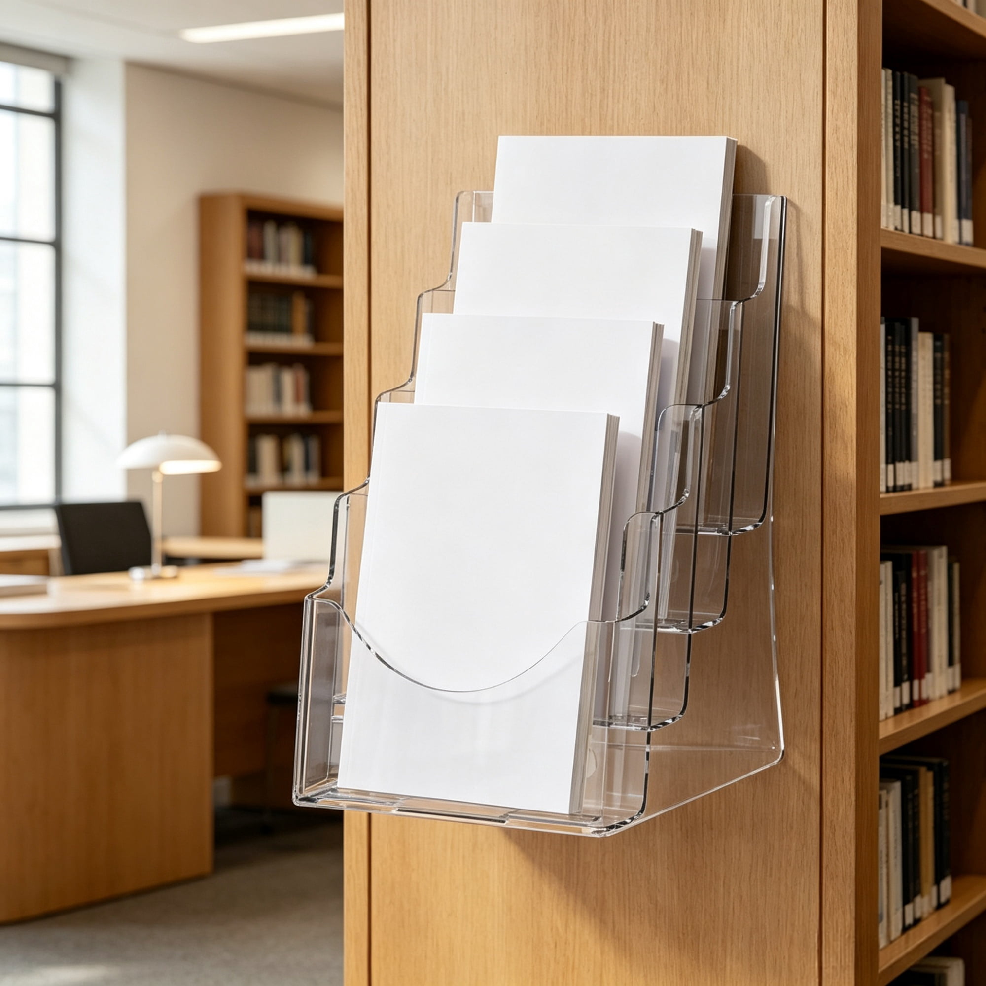 4-Tier Acrylic Brochure Holder 8.5 x 11 Inch, Clear Plastic Literature Display Stand with Removable Divider, Flyer Organizer for Office Exhibition Countertop or Wall Mount