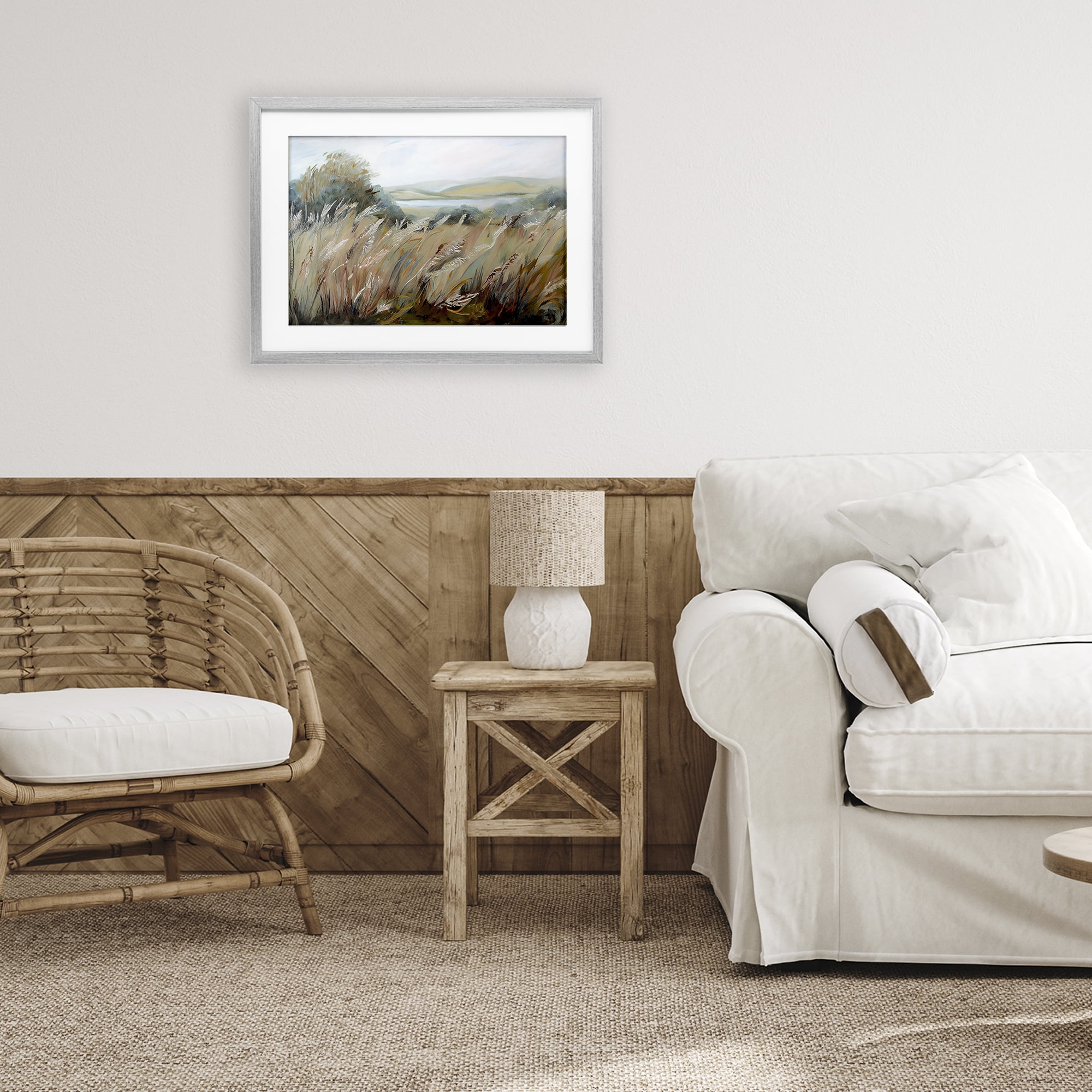 Windy Meadow Distortion Gray Framed Print Under Glass, design by Sasha