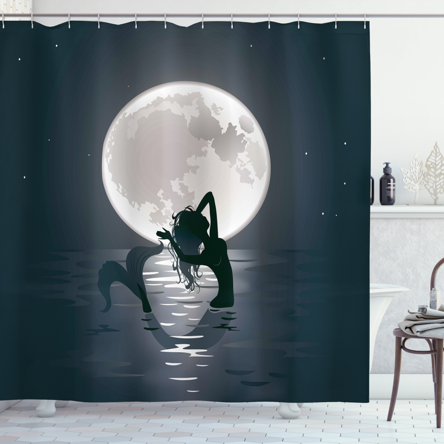 Underwater Shower Curtain, Mermaid Singing at Night Silhouette Full