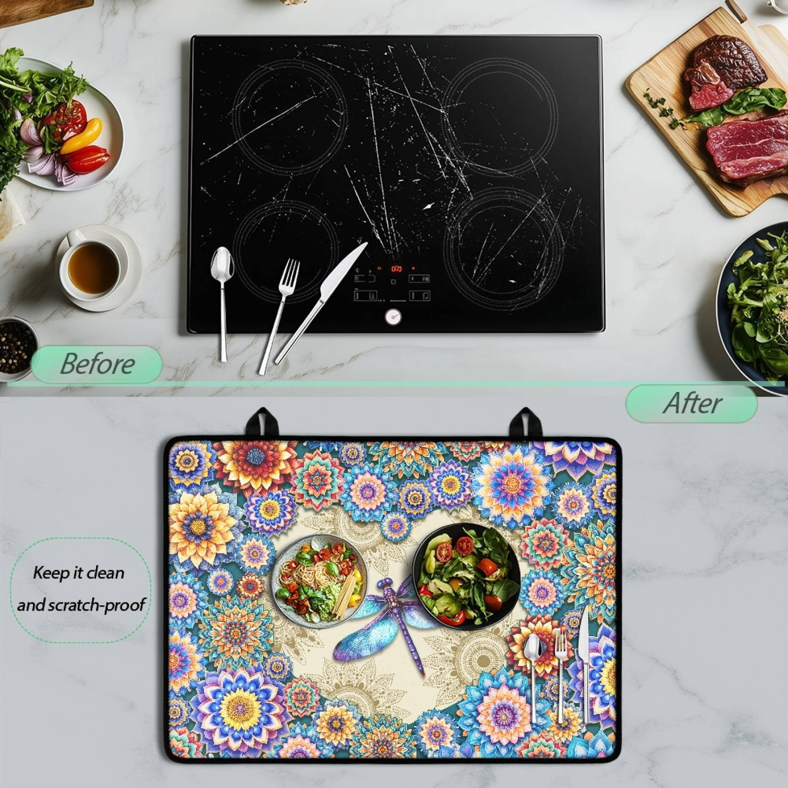 Renewold Stove Top Cover for Electric Stove, Stove Mat for Glass Stove Top, Heat Resistant Oil Resistant Cooktop Protector Cover for Kitchen Decor, Dragonfly Bohemian Flower