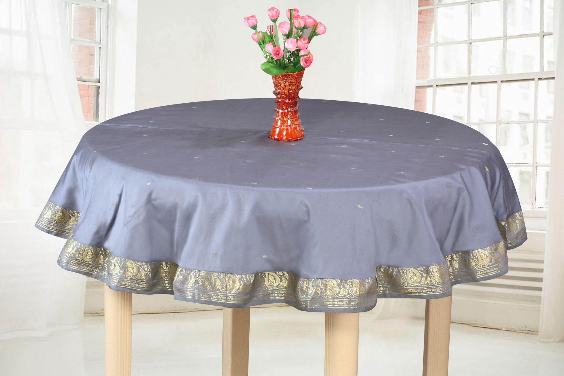Dark Gray Handmade Sari Tablecloth (India) Round