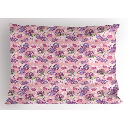 Flowers Baby Nursery (Floral Pillow Sham Butterflies Flowers Cartoon Stylized Kids Girls Baby Playroom Nursery Theme, Decorative Standard Queen Size Printed Pillowcase, 30 X 20 Inches, Pale Pink Lavander, by)