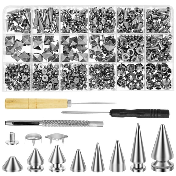 Threns 455Pcs Punk Spikes and Studs Kit 10 Size Metal Leather Clothes Rivet Assortment Kit Tree Spikes Screwback Studs Square Pyramid/Round Dome/Cone Rivet for Decoration