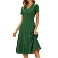 thumbnail image 3 of XUNKUSGA Womens Summer Dresses Classic Polka Dot V-Neck Short Sleeve Women's Dresses Fashion Slim Fit Button Down A Line Dresses for Women Floral Print Knee-Length Dress S-2XL Green, 3 of 8