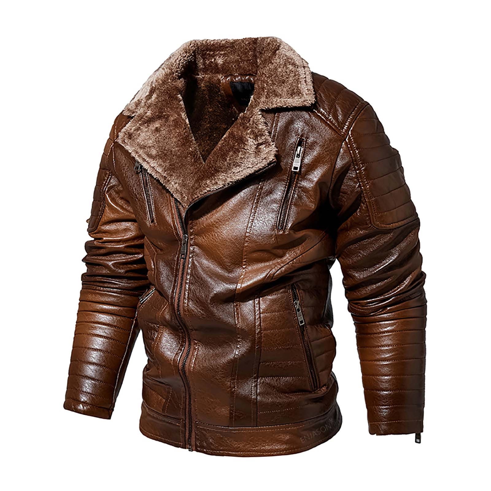 IROINNID Men's Faux Leather V-Neck Notch Lapel Long Sleeve Solid Color Loose Autumn And Winter Fleece Jacket