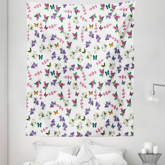 Floral Tapestry, Bouquet of Purple Spring Flowers a Magnolias Violets and Flying Tiny Butterflies, Fabric Wall Hanging Decor for Bedroom Living Room Dorm, 5 Sizes, Multicolor, by Ambesonne