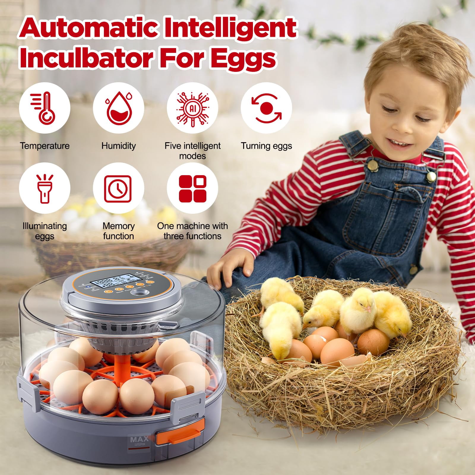 OneAmg 12-40 Egg Incubator - Auto 720 Egg Turning, Digital Display, Auto Temp & Humidity Control,  Egg Candler Incubators for Chickens, Ducks, Quails