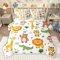 Homewish Zoo Animal Giraffe Lions Elephant King Comforter Sheet Set, Reversible Super Cozy Boys Girls Bedding, 7-Piece