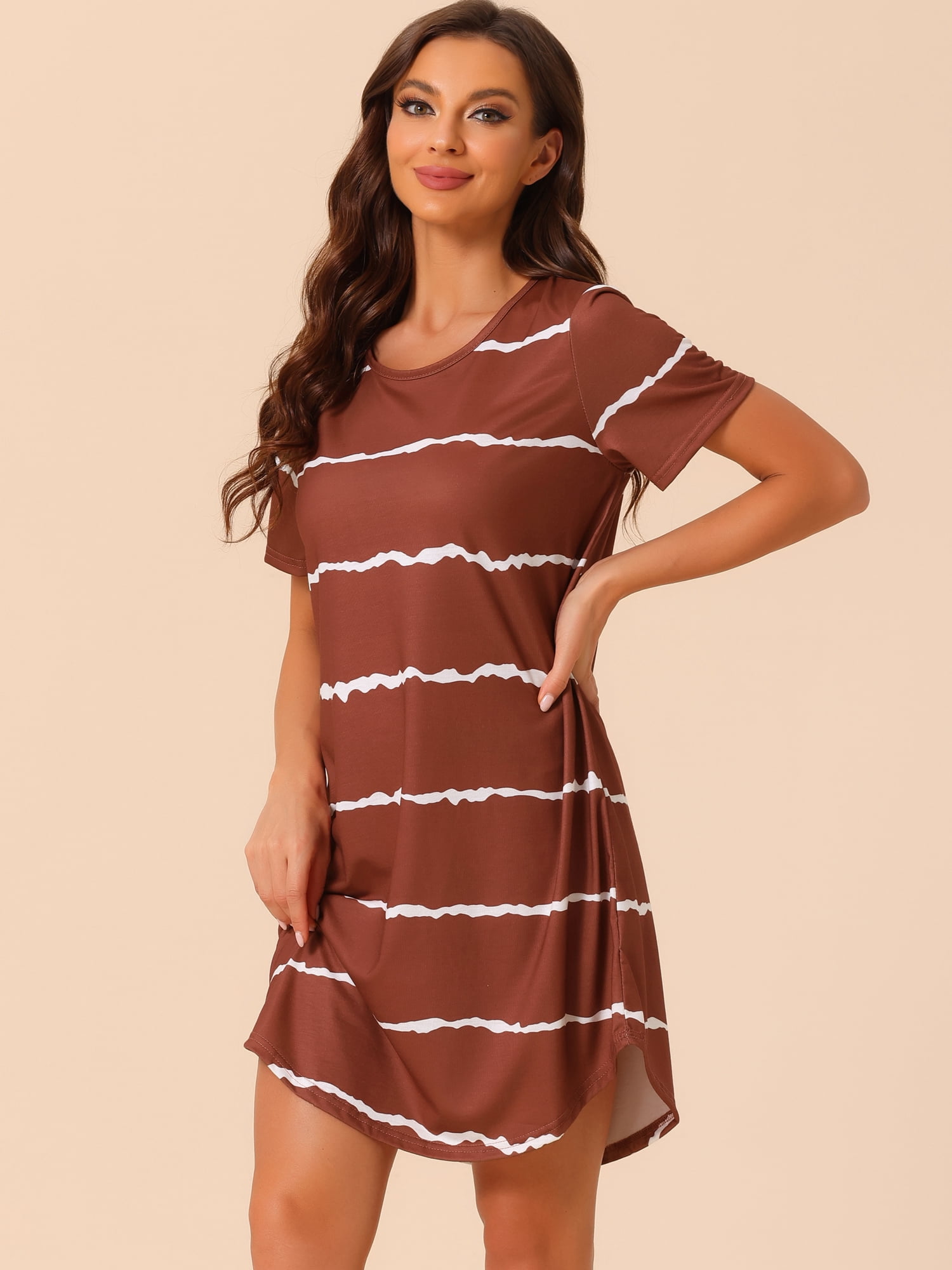 DARING DIVA Women's Round Neck Striped Short Sleeve Sleepshirt Nightgown S Burgundy