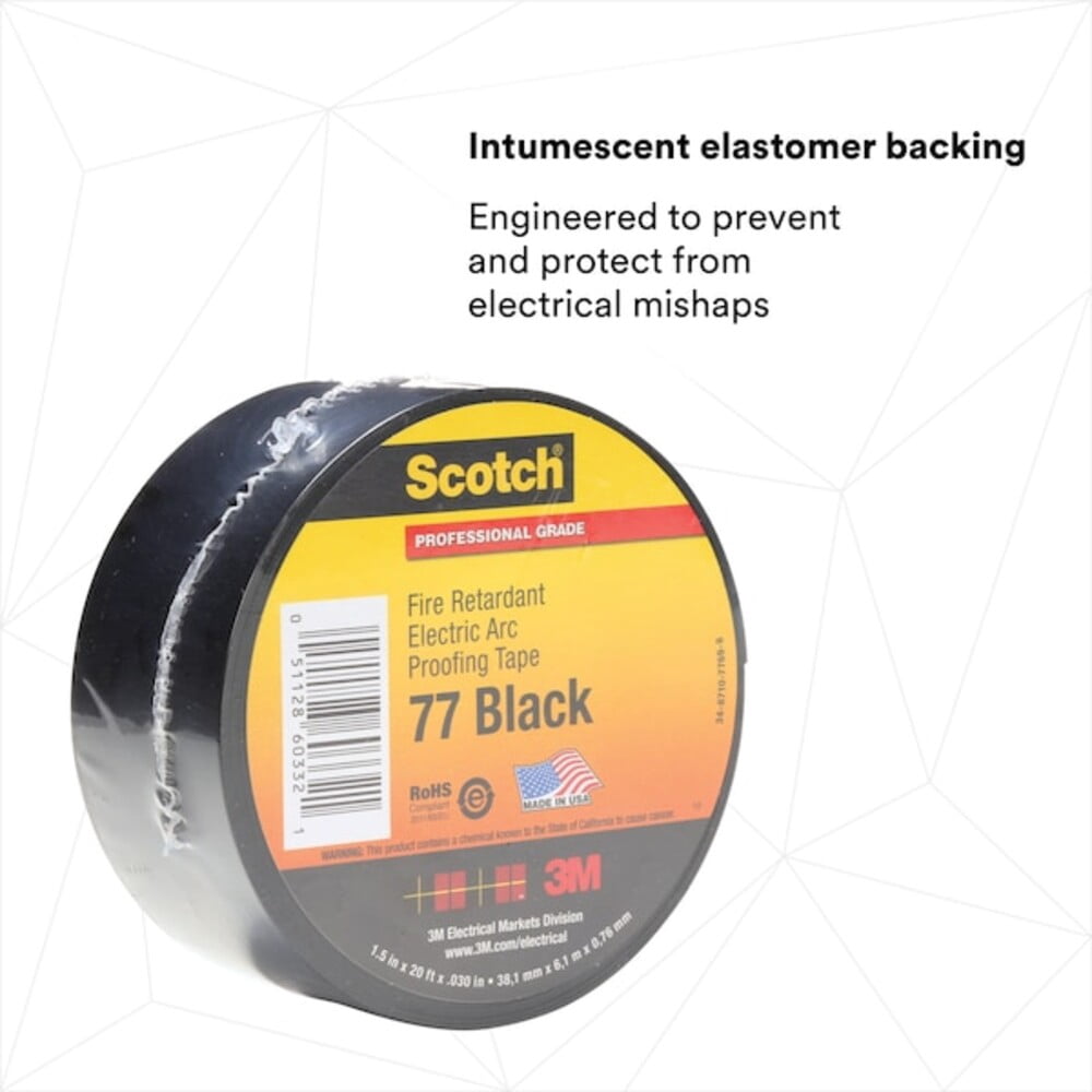 3m Electrical Tape, Black, 6-5/8 yd L, 1-1/2 in W 77BLACK-1-1/2X20FT