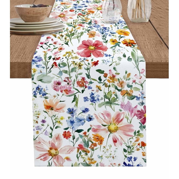 Ldtrchee Watercolor Flowers Table Runner 70 Inches, Blue Pink Botanical Plant Leaves Bed Runner Dresser Scarves Tabletop for Indoor Outdoor Parties/Ceremony/Banquet, 13" x 70"