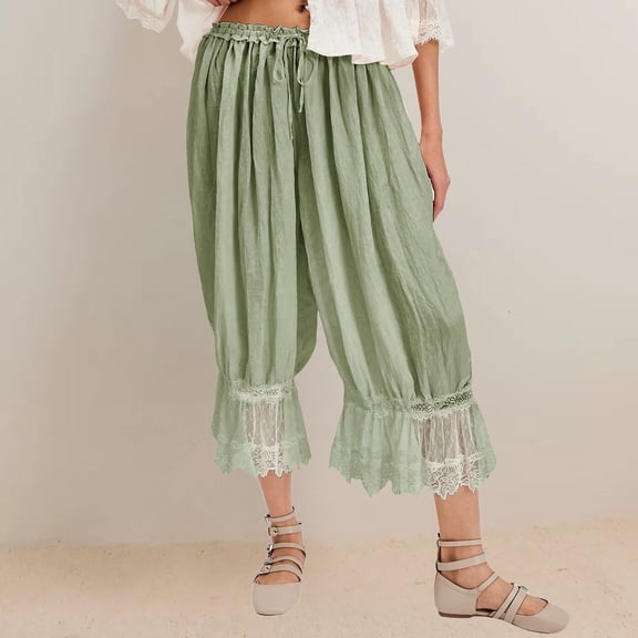 Women's Vintage Lace Trim Ruffle Bloomers - Cropped Lounge Pants Elastic Waist Non-See Through for Home, Sleepwear & Casual Outfit Blue1 L