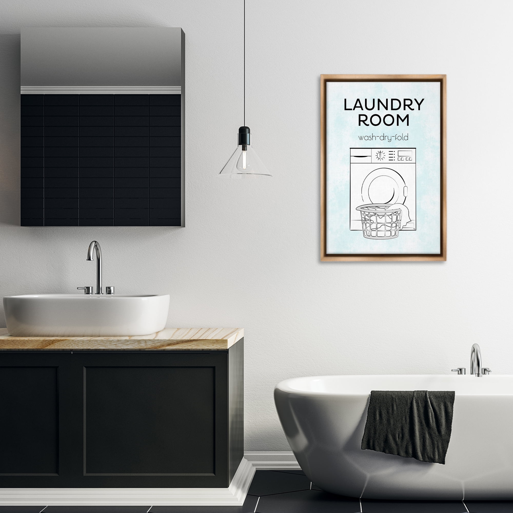 Stupell Industries Minimal Laundry Wash Dry Fold Bath & Laundry Painting Brown Floater Framed Canvas Art Print Wall Art, 21 x 31